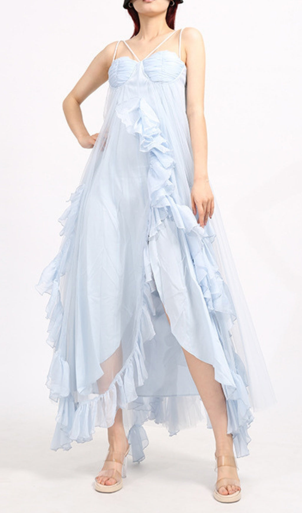 Ebru Ethereal Ruffle Mesh Maxi Dress