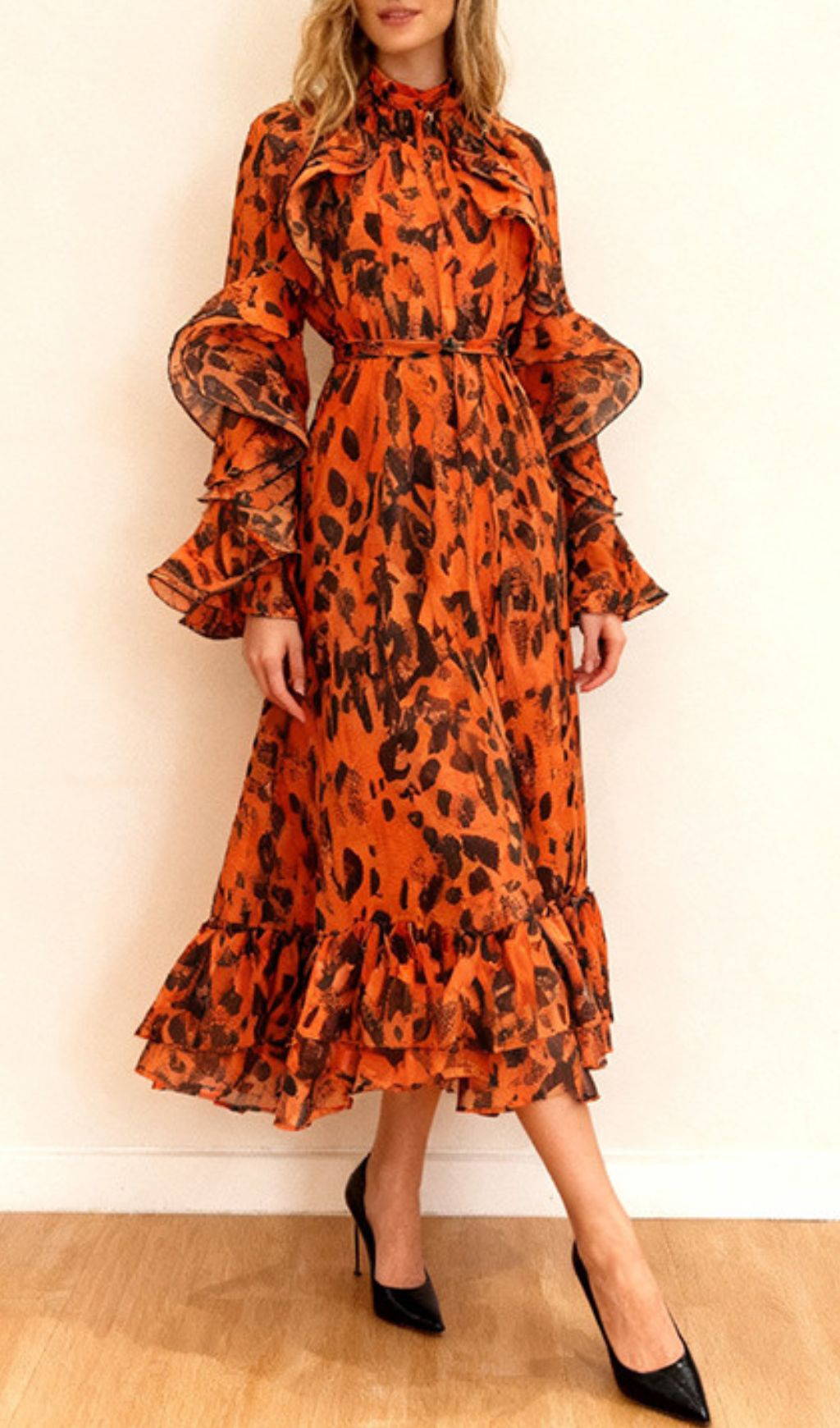 Chic Orange Leopard Ruffle Midi Dress