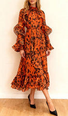 Chic Orange Leopard Ruffle Midi Dress