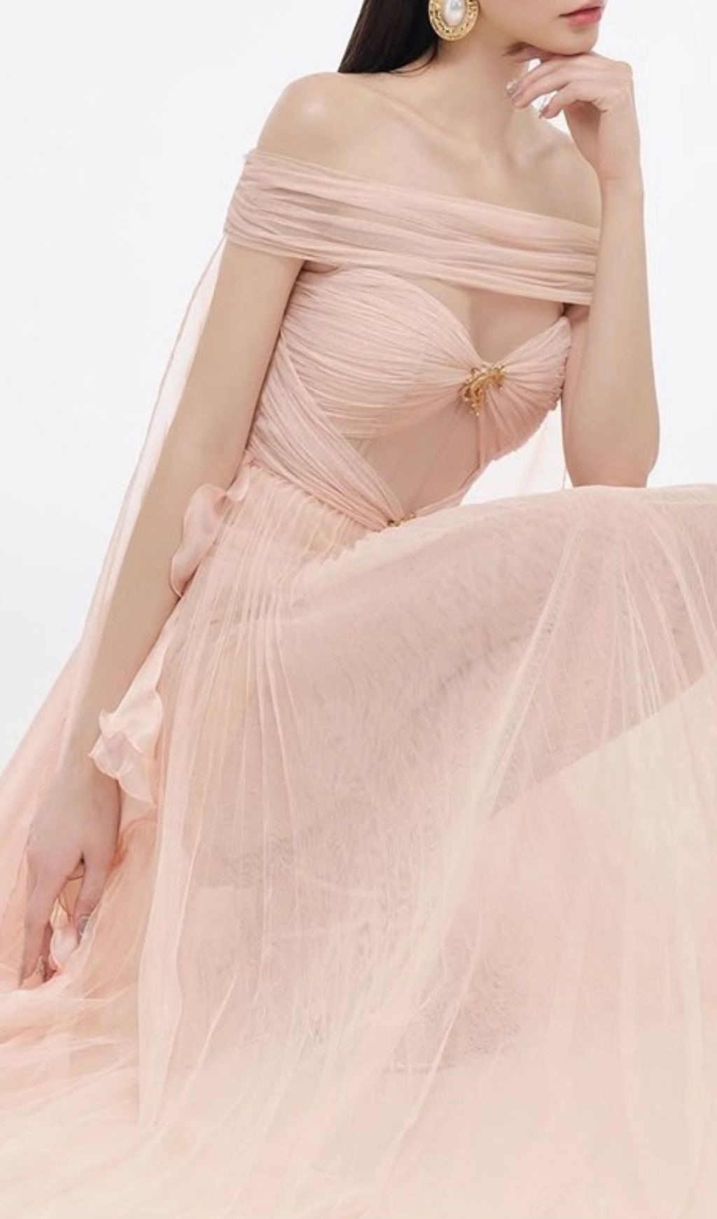 Johanna Off-Shoulder Mesh Ruffle Maxi Gown