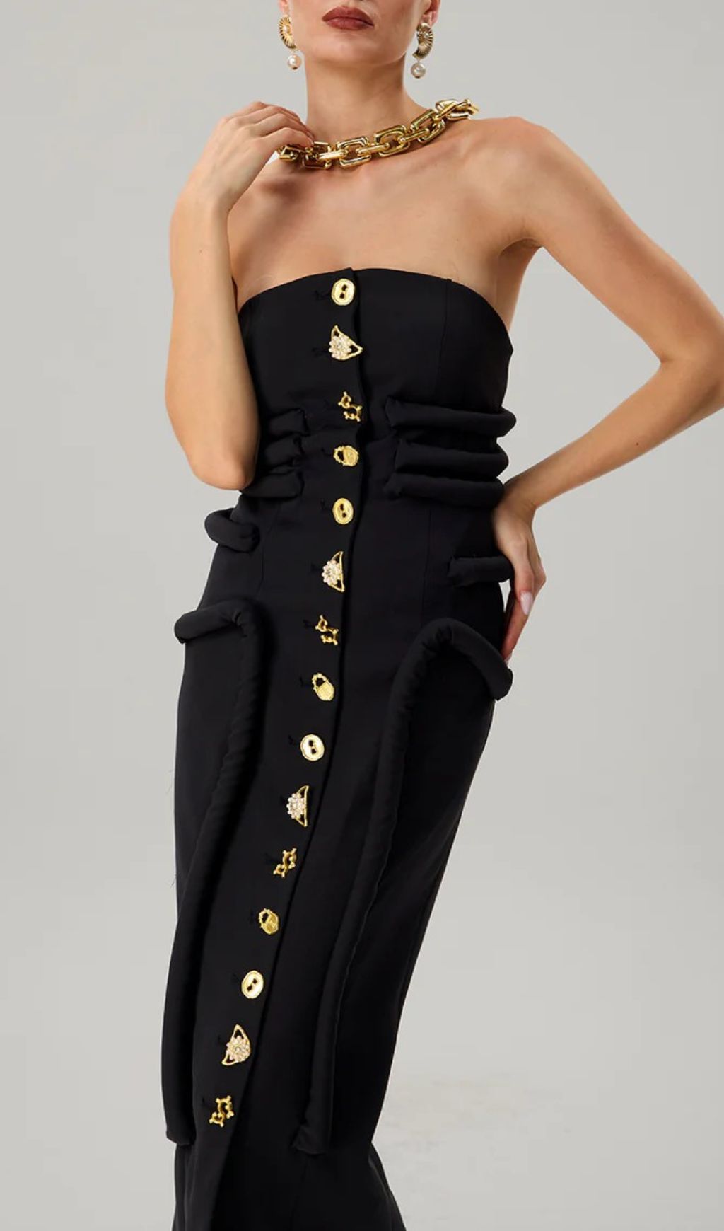 Faridun Sculptural Strapless Button-Front Midi Dress