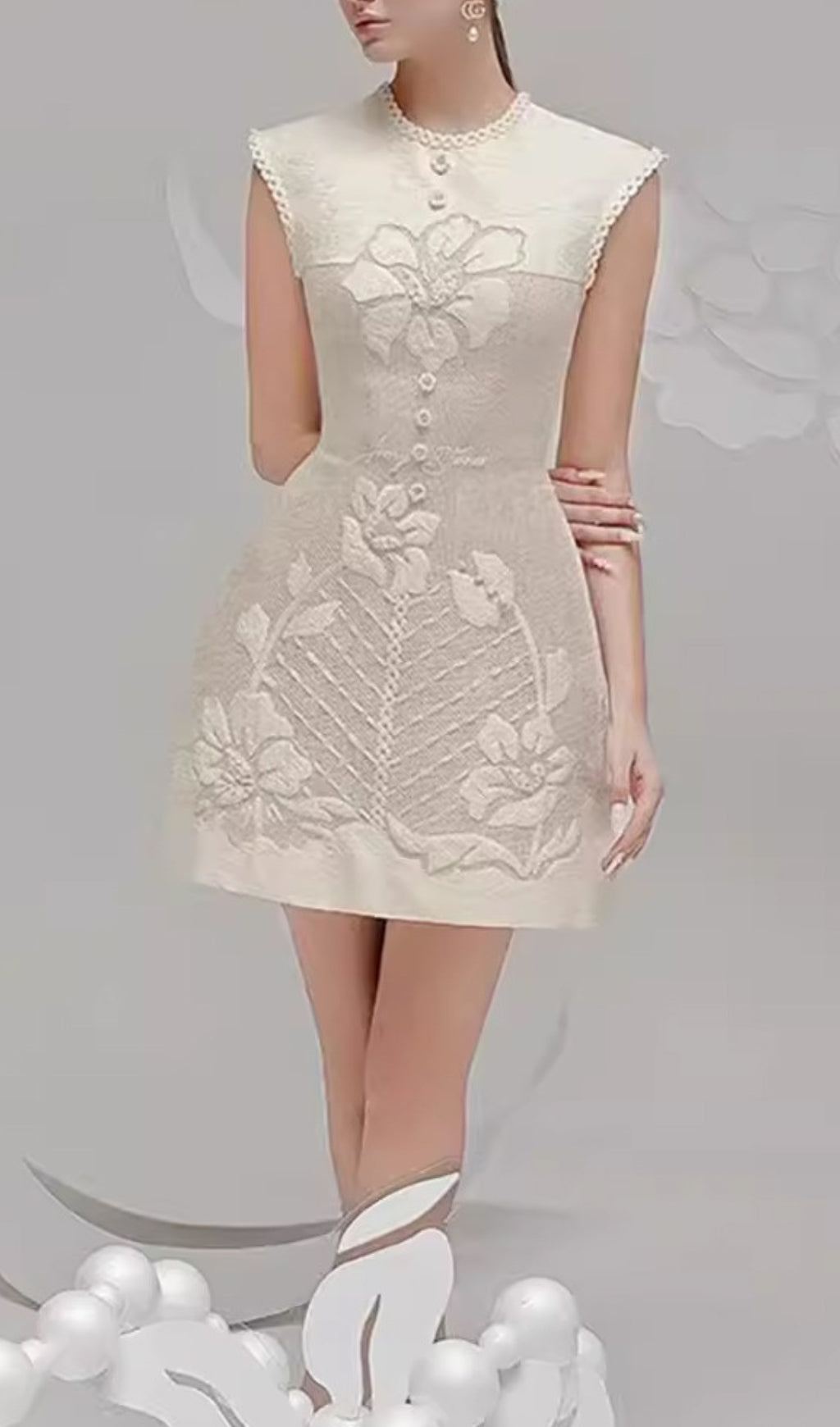 Brenda Ivory 3D Floral Embroidered Mini Dress