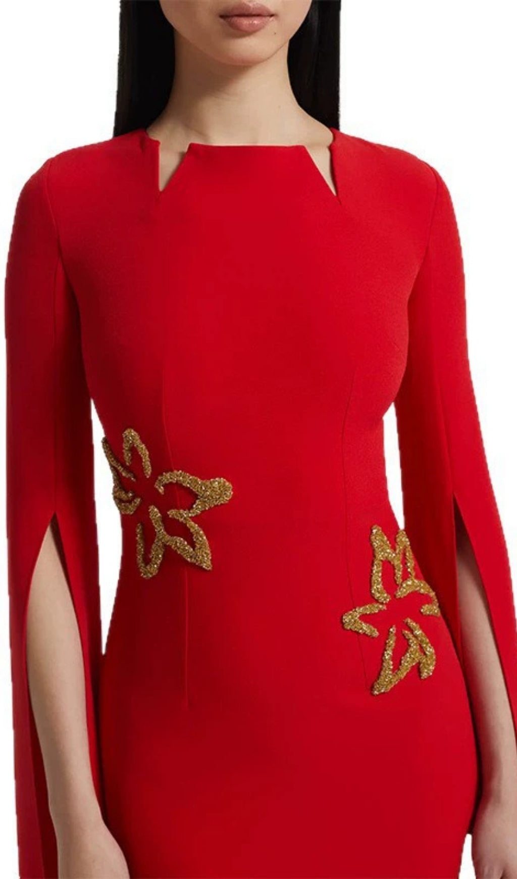 Ellera Red Embellished Maxi Gown with Elegant Cape Sleeves
