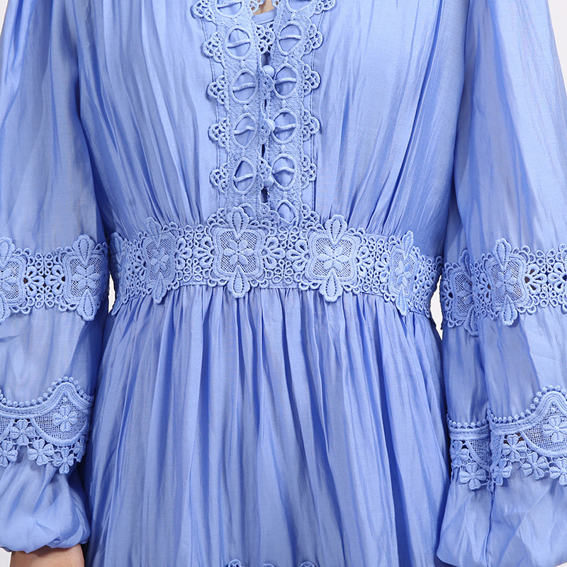 Este Periwinkle Blue Boho Lace-Trim Long Sleeve Maxi Dress