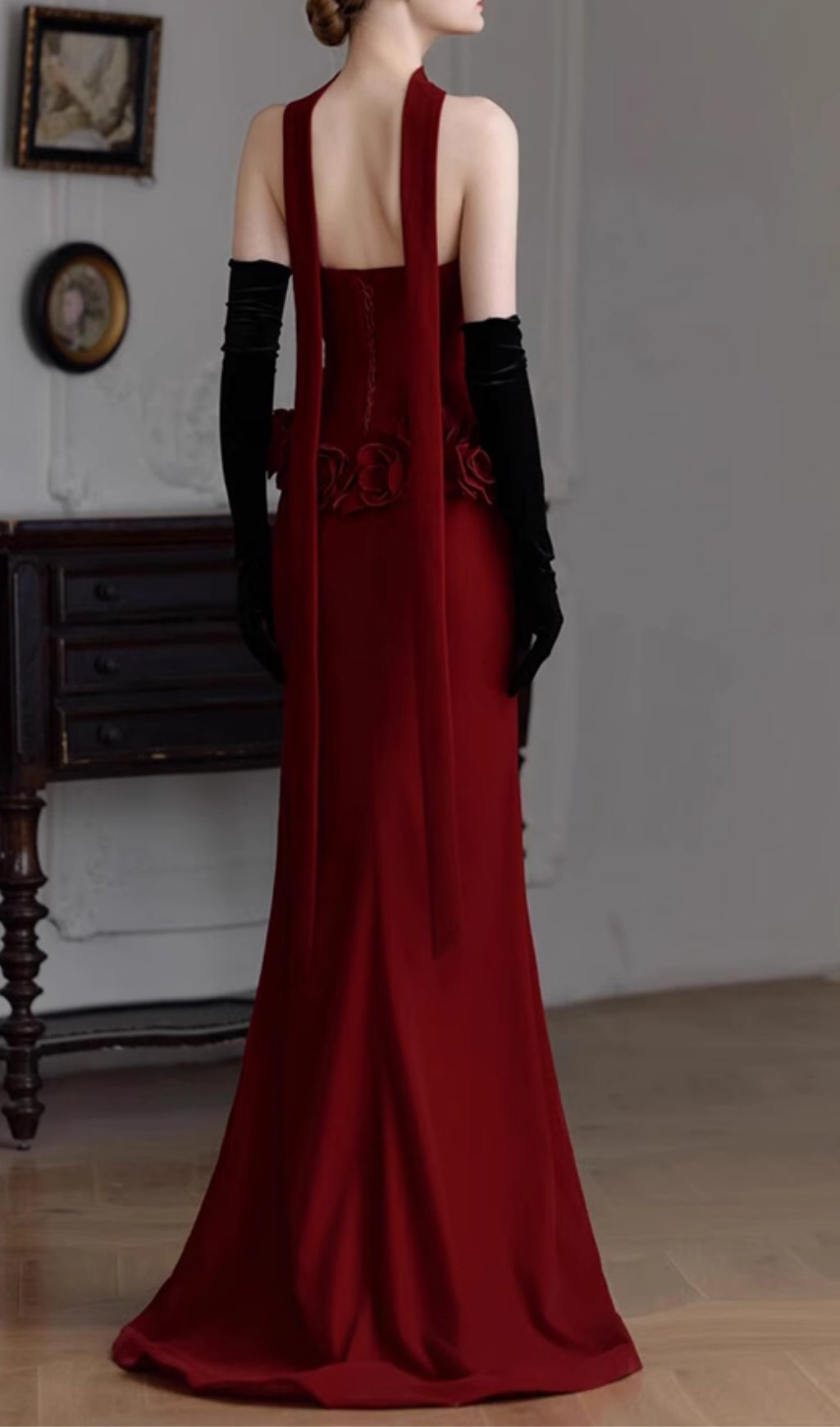 Edena Crimson Rose Strapless Evening Gown