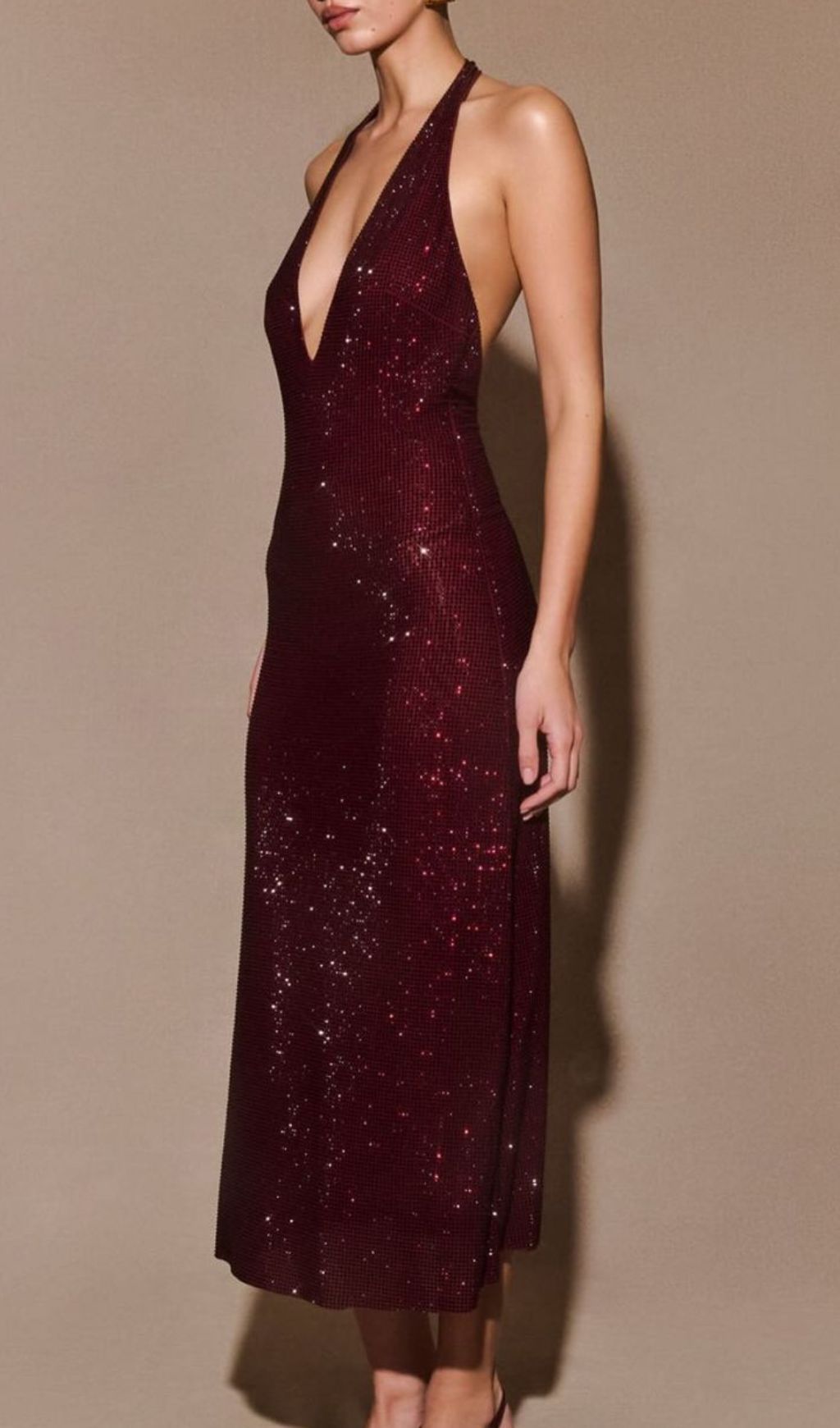 Jayne Dazzling Red Sequin Halter Backless Midi Dress