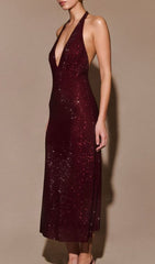 Jayne Dazzling Red Sequin Halter Backless Midi Dress