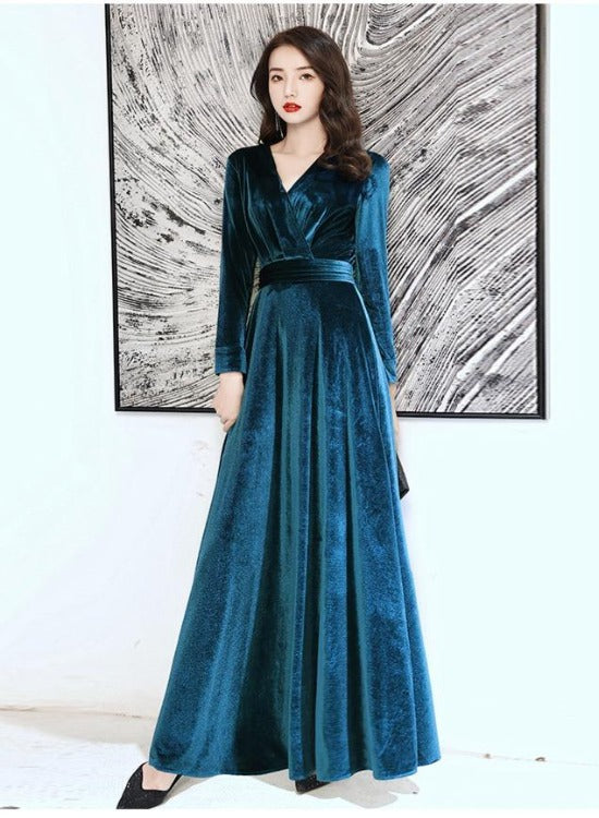 Charming Velvet V-neckline Simple Long Bridesmaid Dress