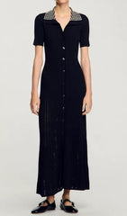Eliana Embellished Lapel Ribbed Knit Maxi Dress