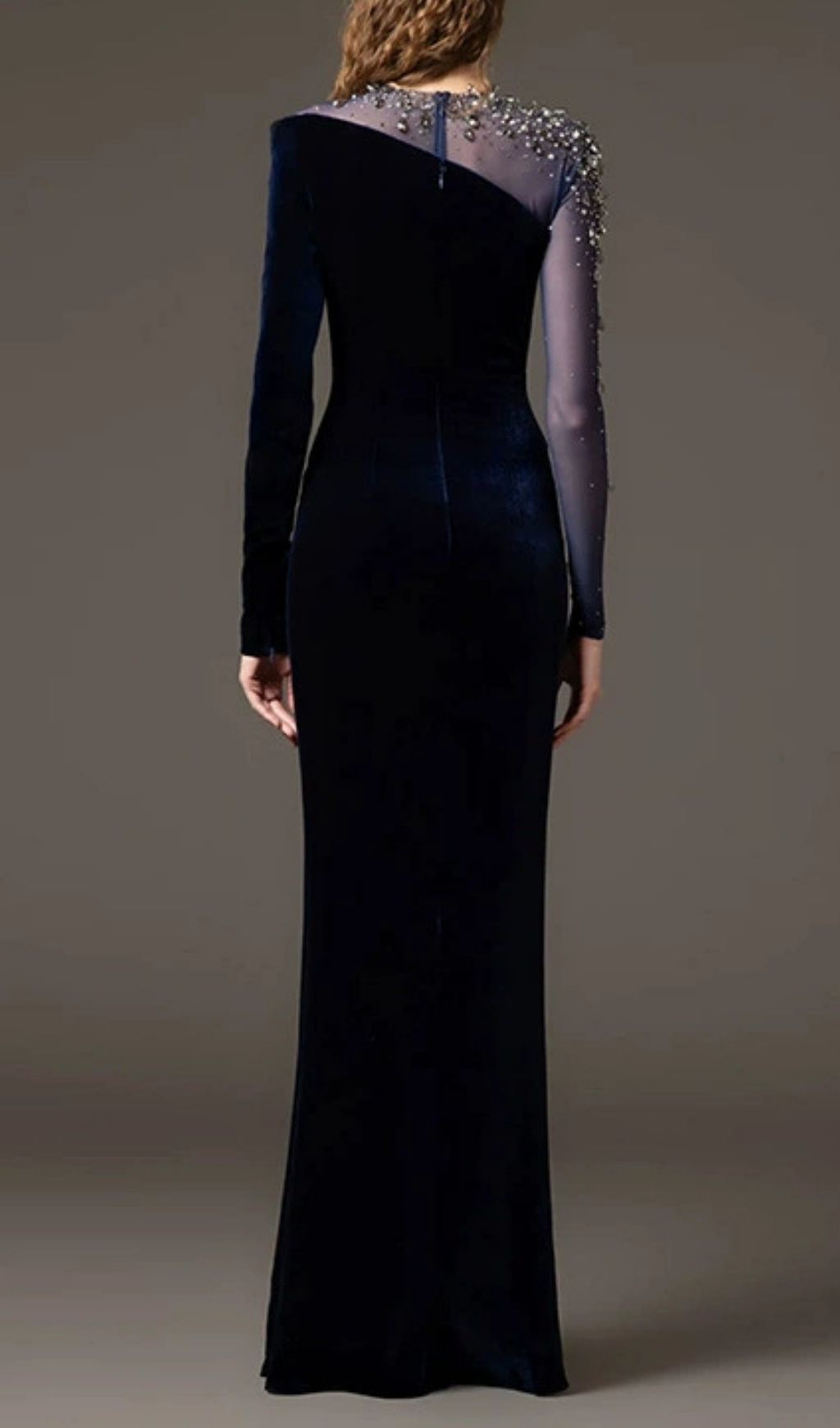 Hyalina Dazzling Velvet & Crystal Mesh Evening Gown