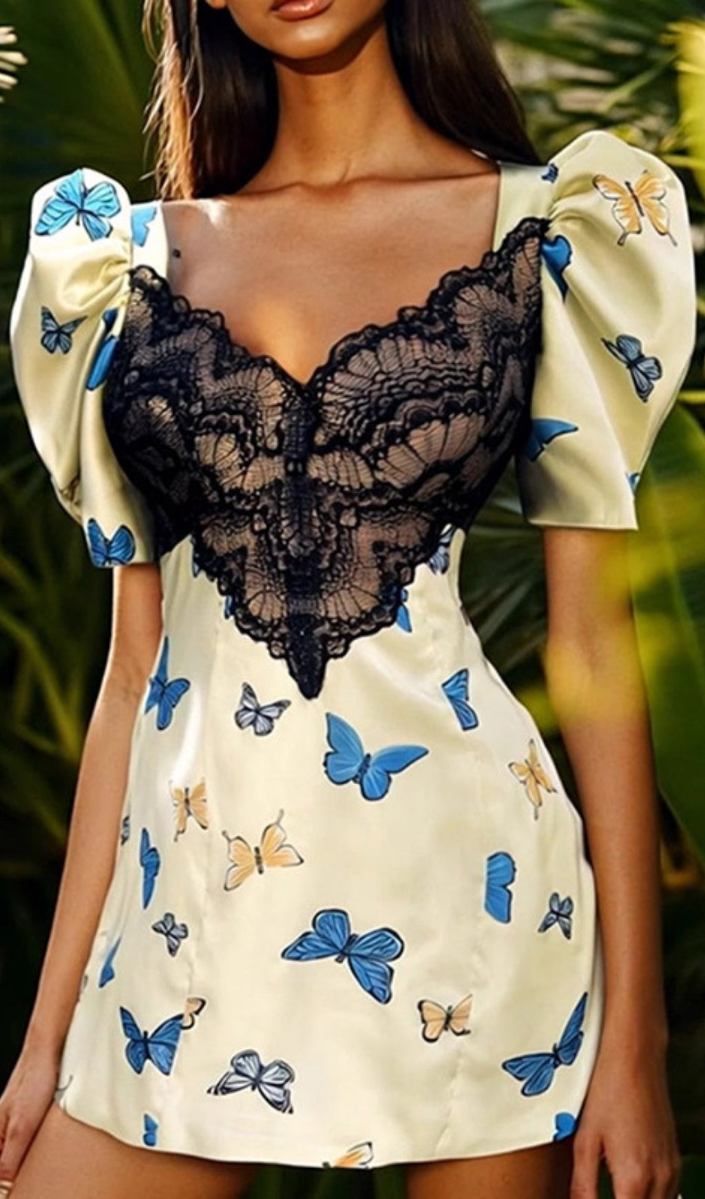 Chic Butterfly Print Mini Dress with Black Lace Bodice & Puff Sleeves
