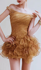 Ismene Sparkling Gold Off-Shoulder Ruffle Mini Dress
