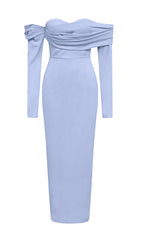 Aiesha Elegant Periwinkle Off-Shoulder Draped Bodycon Maxi Dress