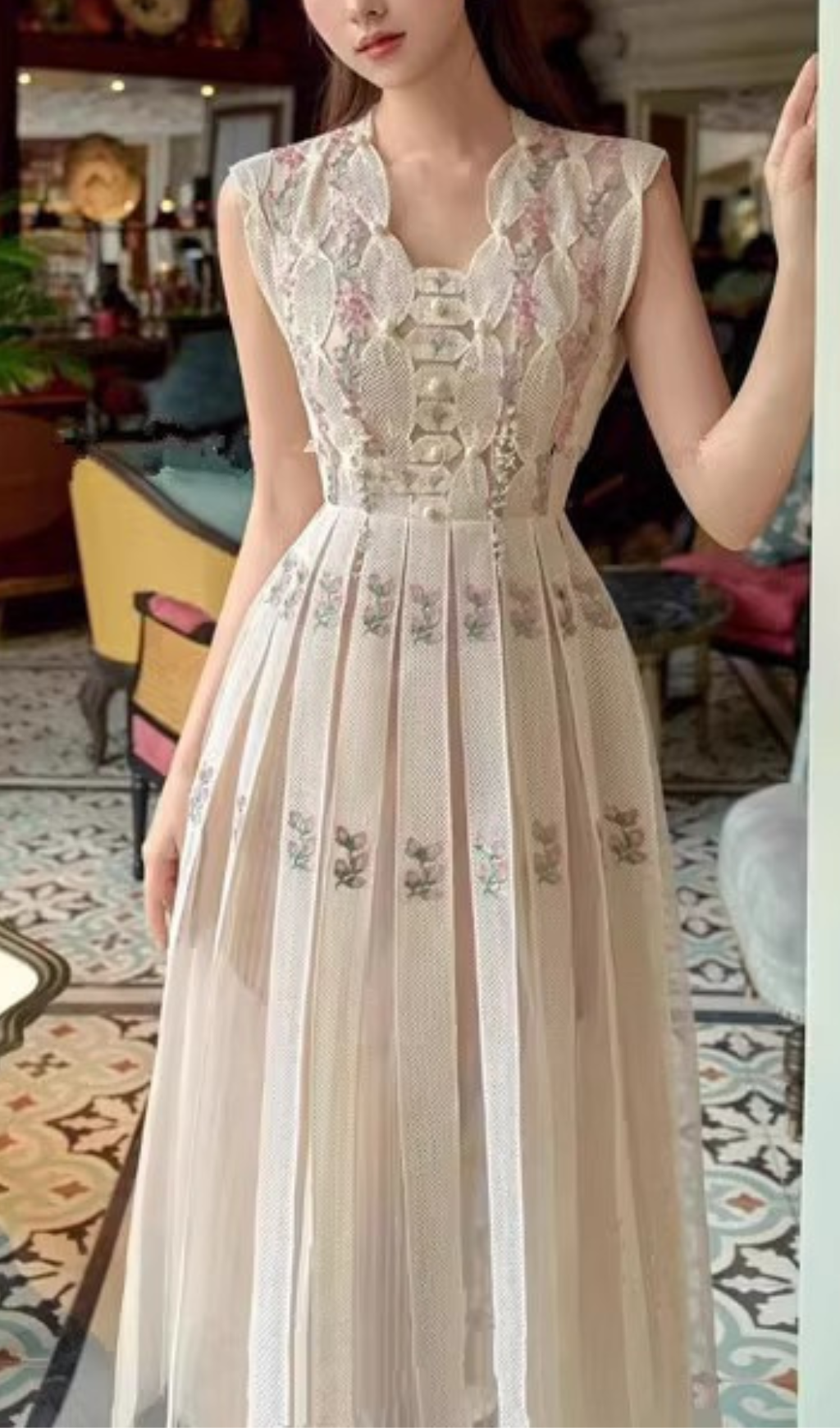 Arwyn Floral Embroidered Pleated Midi Dress