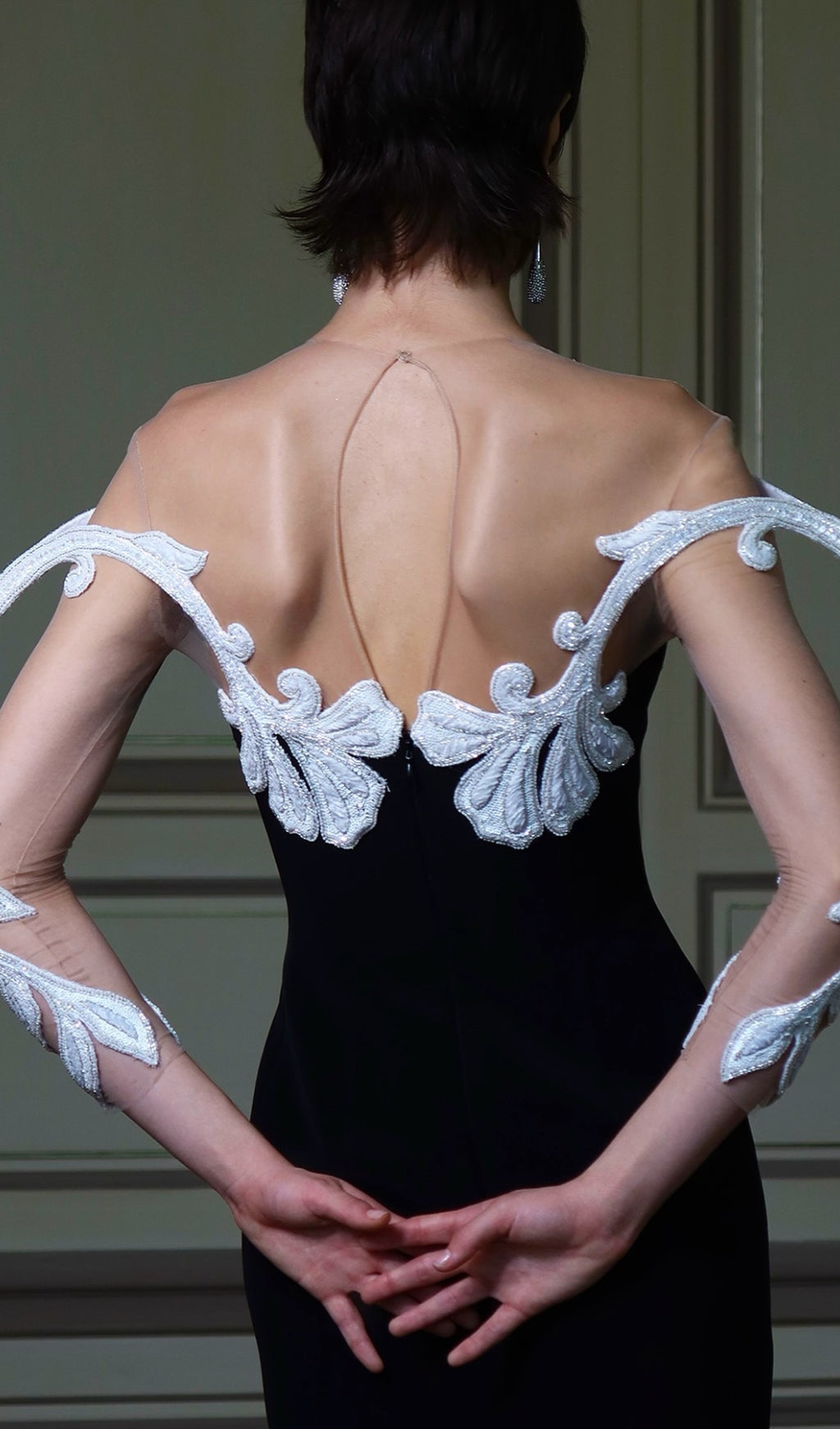 Carezza Glamour Mesh Floral Embellished Black Midi Dress