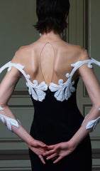 Carezza Glamour Mesh Floral Embellished Black Midi Dress