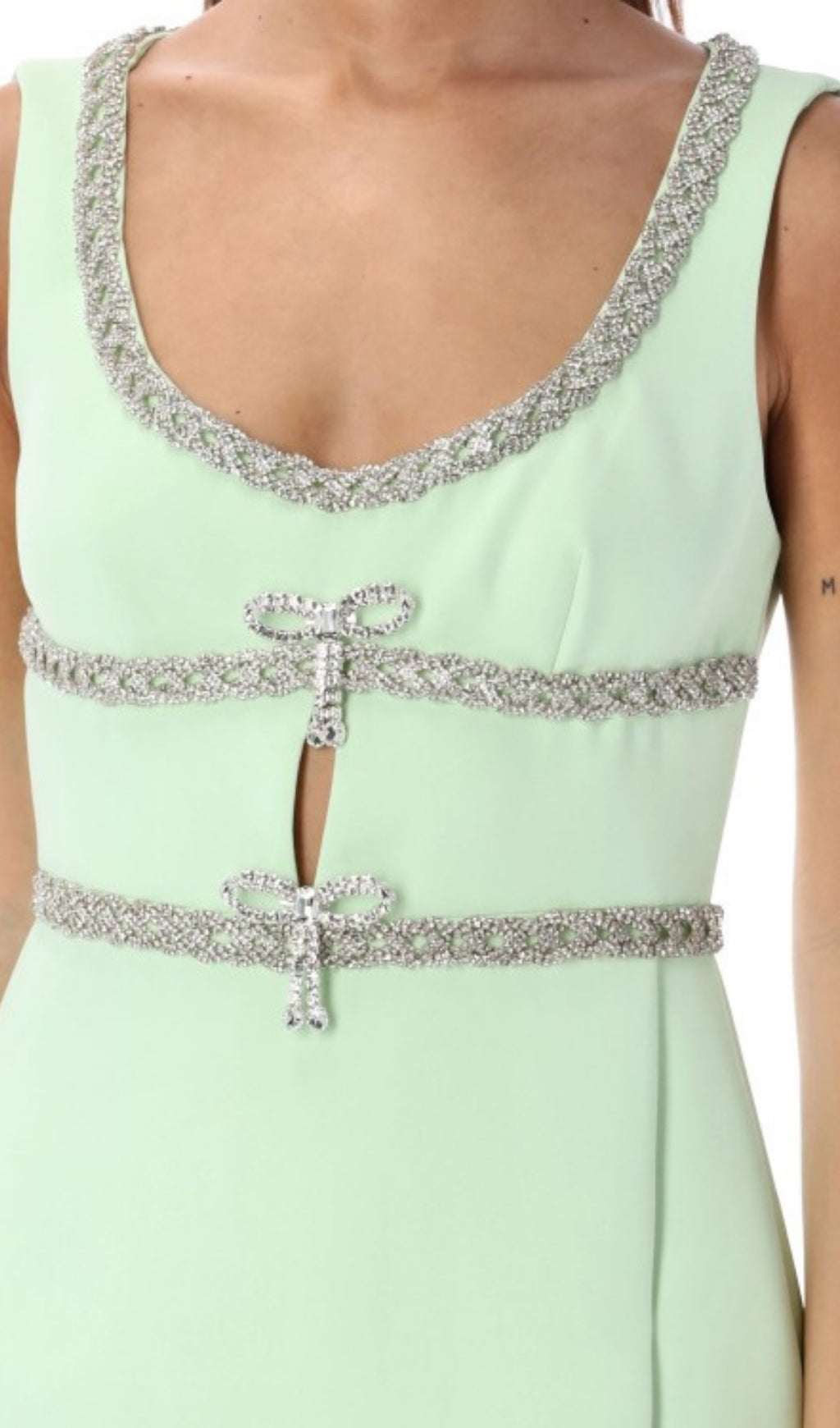 Glamorous Mint Green Diamante Bow Mini Dress with Chic Cut-Out
