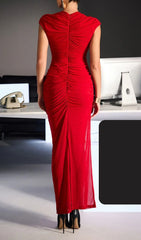Drosyne Red Keyhole Cutout Ruched Maxi Dress