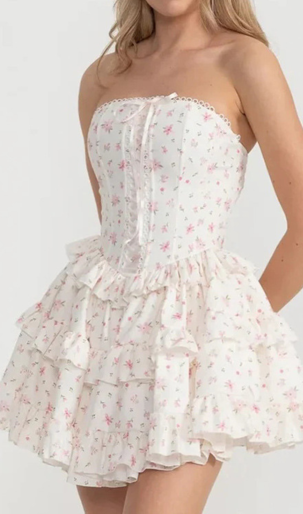 Romantic Pink Floral Strapless Ruffle Tiered Mini Dress