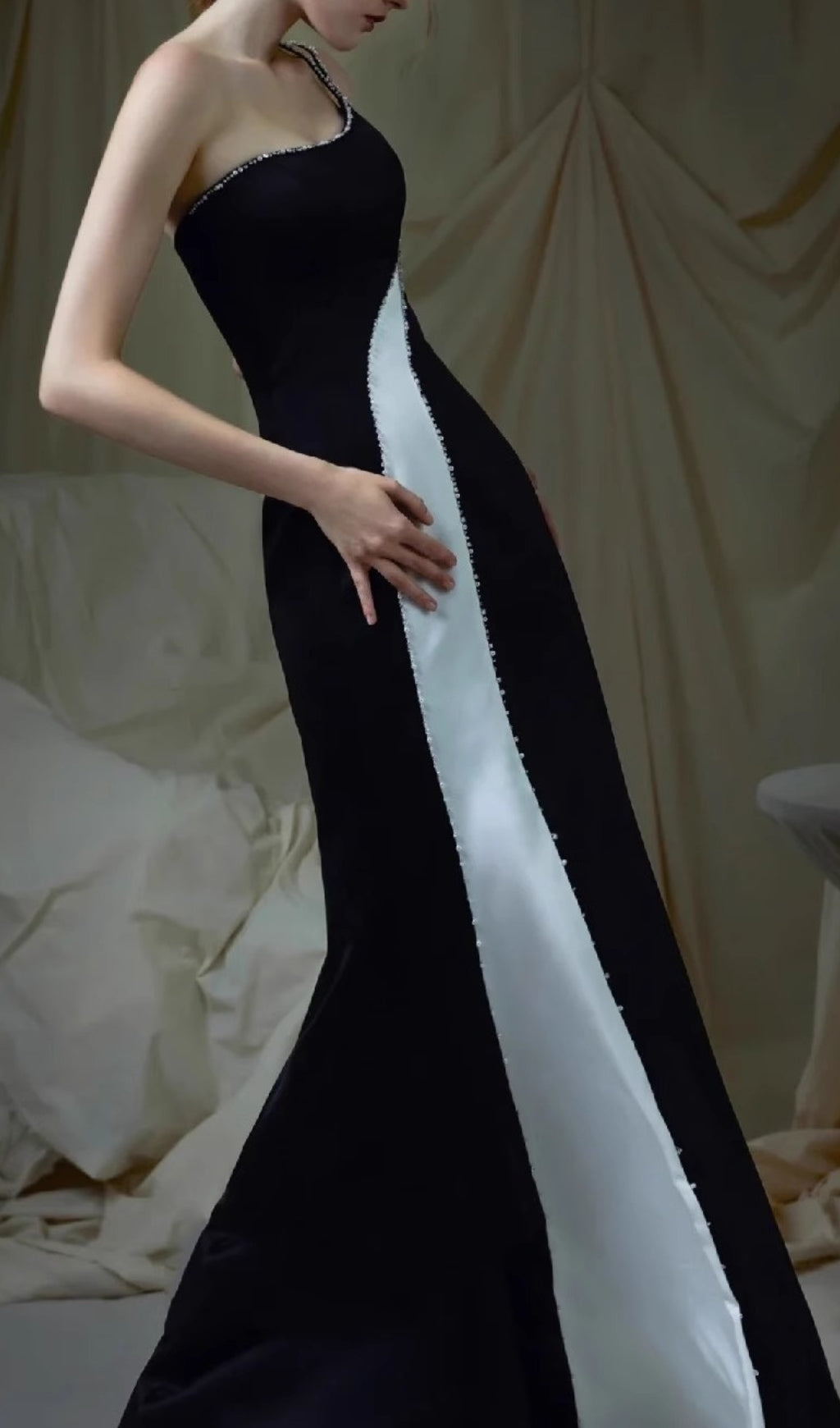 Erika Black & White Asymmetrical Embellished Maxi Dress