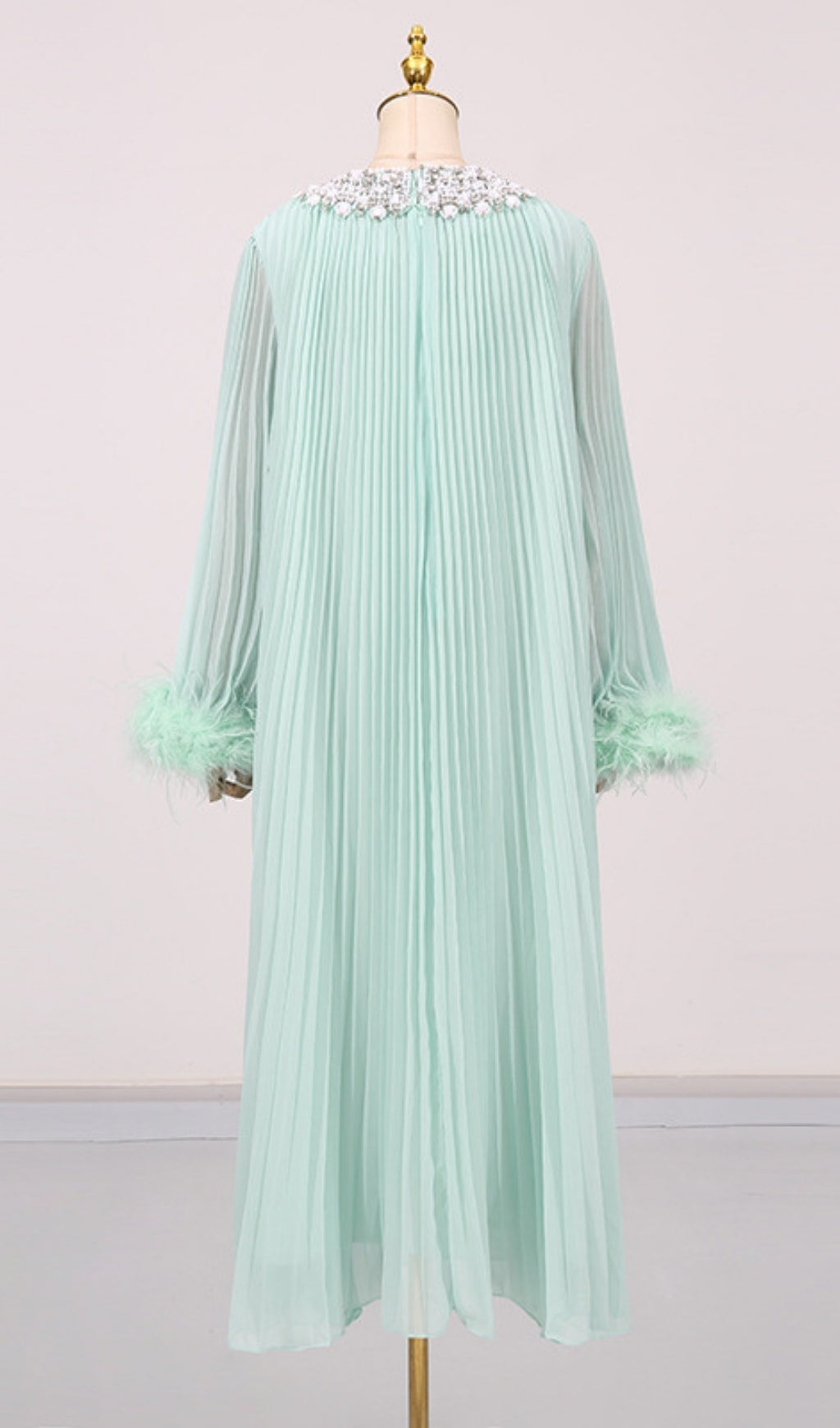 Felipe Mint Green Embellished Maxi Gown with Feather Cuffs