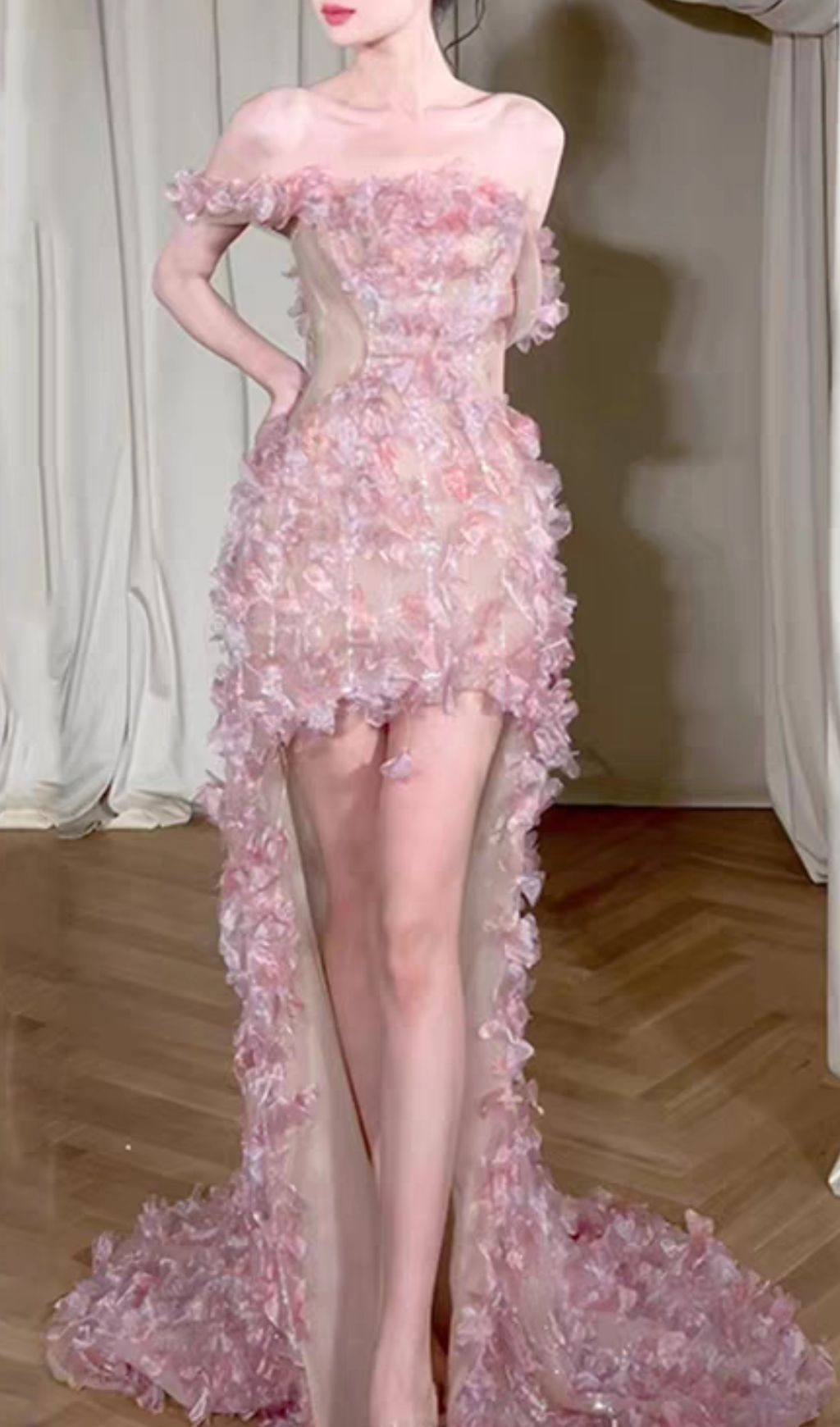 Hernán Enchanting Pink 3D Floral Off-Shoulder High-Low Dress