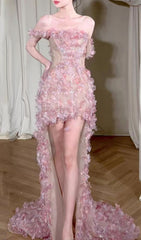Hernán Enchanting Pink 3D Floral Off-Shoulder High-Low Dress
