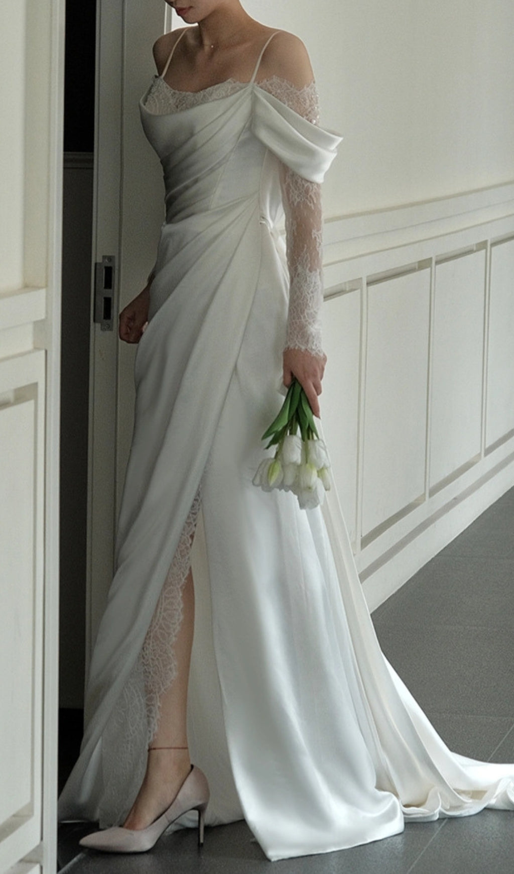 Claire Off-Shoulder Lace & Satin Wedding Gown