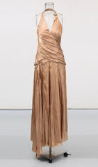 Evonnia Luxe Gold Halter V-Neck Ruched Maxi Gown