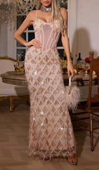 Dazzling Apricot Sequin Fringe Maxi Dress