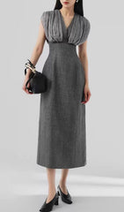 Galina Chic Grey Ruched V-Neck Midi Dress