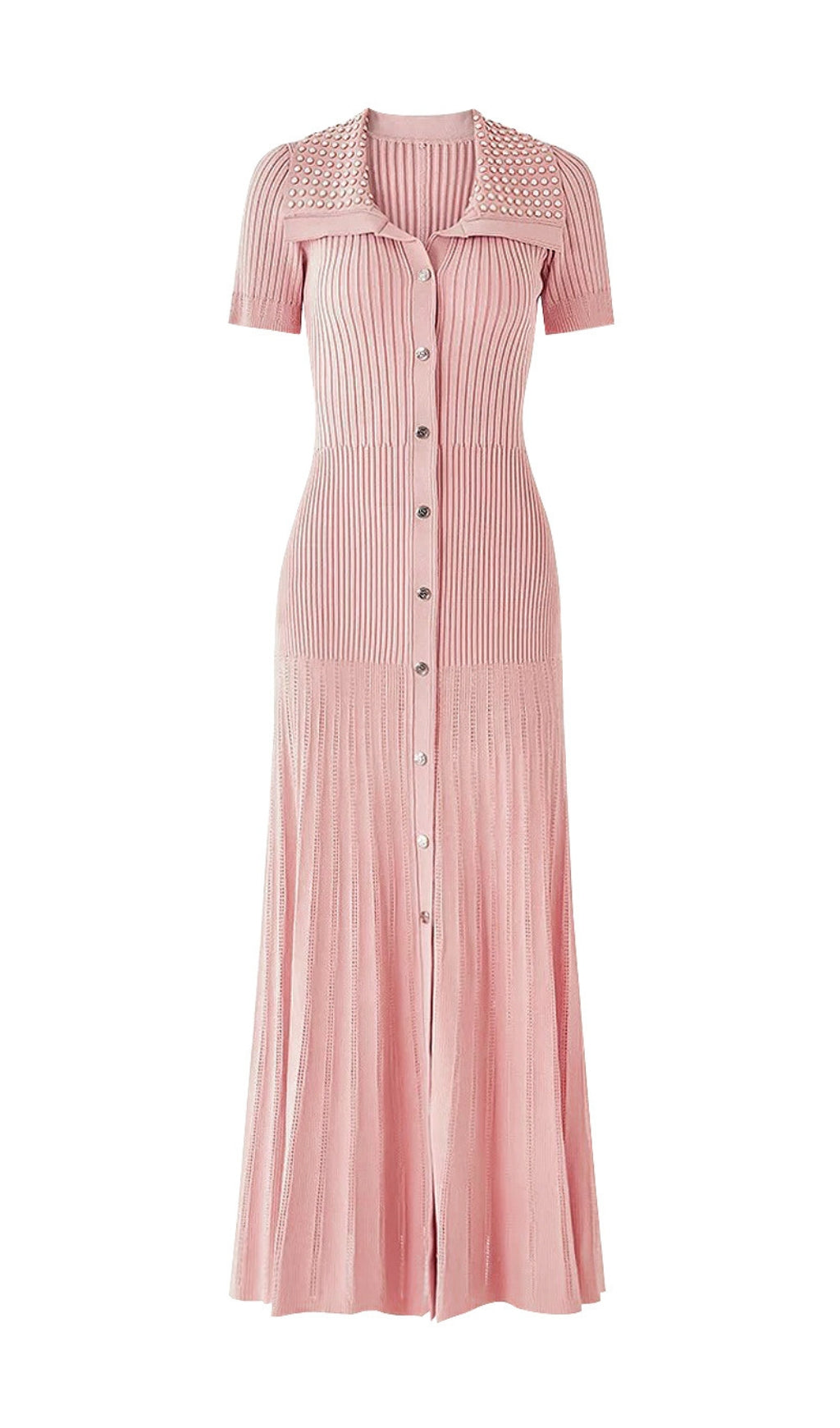 Eliana Embellished Lapel Ribbed Knit Maxi Dress