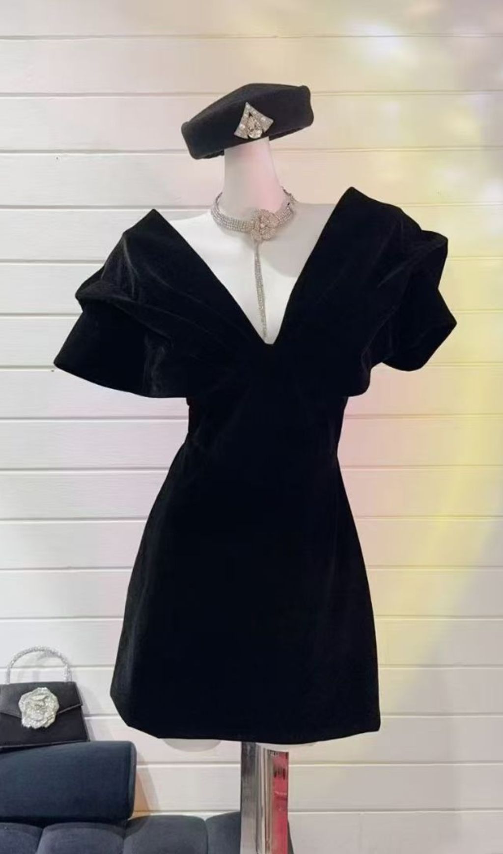 Ingrid Black Velvet V-Neck Mini Dress with Puff Sleeves