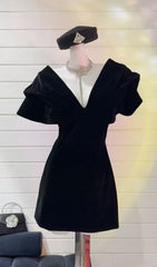 Ingrid Black Velvet V-Neck Mini Dress with Puff Sleeves