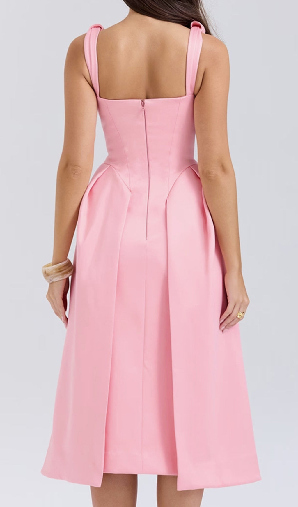 Dilanne Pink V-Neck Pleated Midi Dress