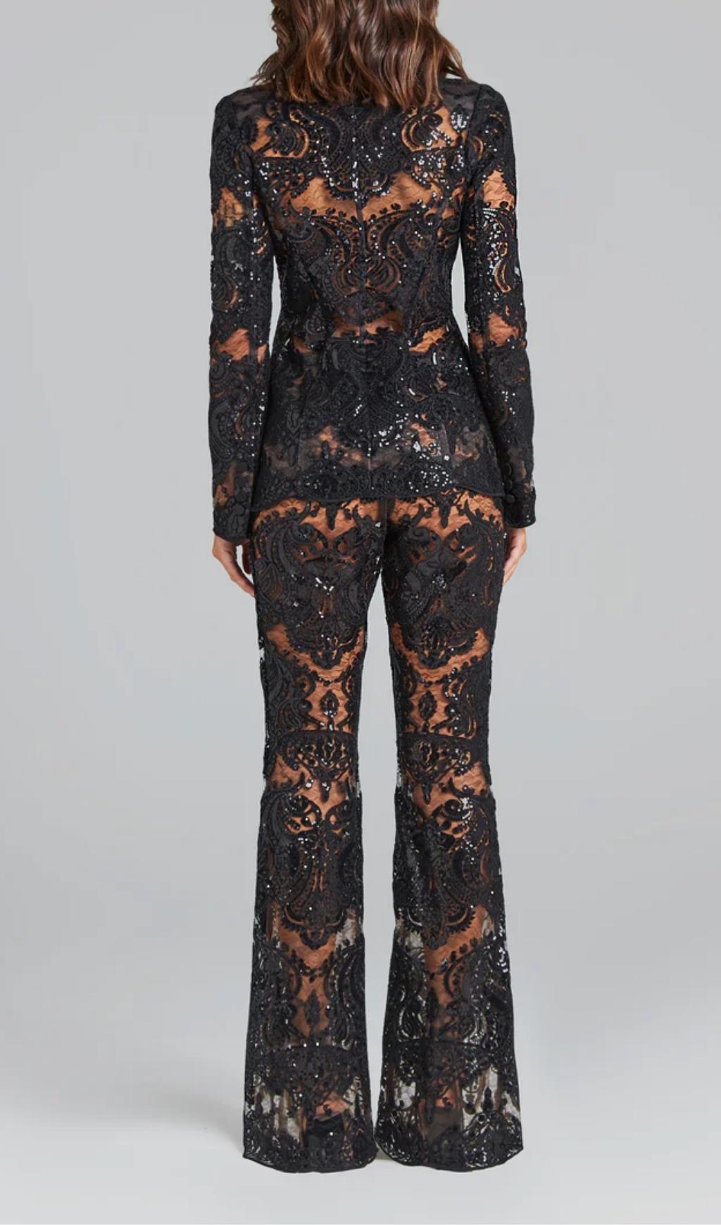 Glamorous Black Sequin Lace Blazer & Flared Pant Suit Set
