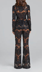 Glamorous Black Sequin Lace Blazer & Flared Pant Suit Set