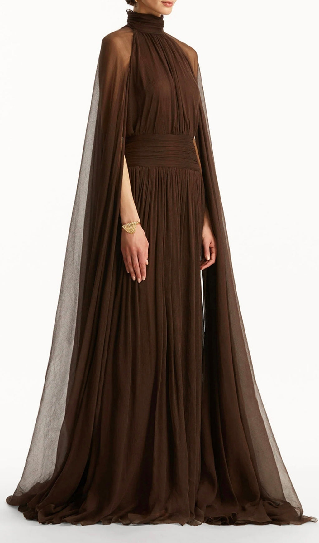 Franz Ethereal Coffee Brown Mesh Cape Maxi Dress