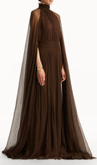 Franz Ethereal Coffee Brown Mesh Cape Maxi Dress