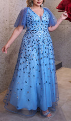 Inari Dazzling Blue Sequin Mesh Plus Size Maxi Gown