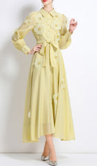 Holly Yellow Floral Appliqu Long Sleeve Midi Dress