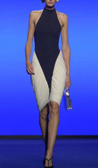 Elegant Two-Tone Halter Ruched Bodycon Midi Dress
