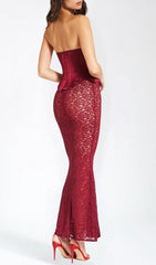 Aponi Burgundy Luxe Corset & Lace Maxi Dress
