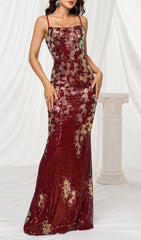 Fiora Wine Red Floral Sequin Strappy Maxi Gown