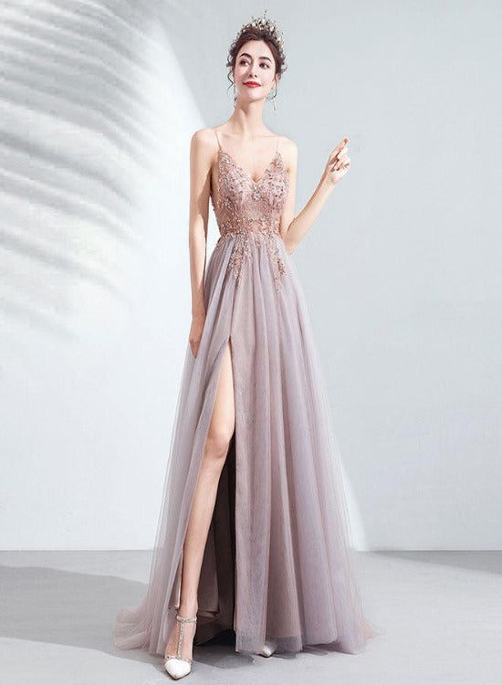 Pink Chic Tulle Slit V-neckline Beaded Party Dresses