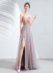 Pink Chic Tulle Slit V-neckline Beaded Party Dresses