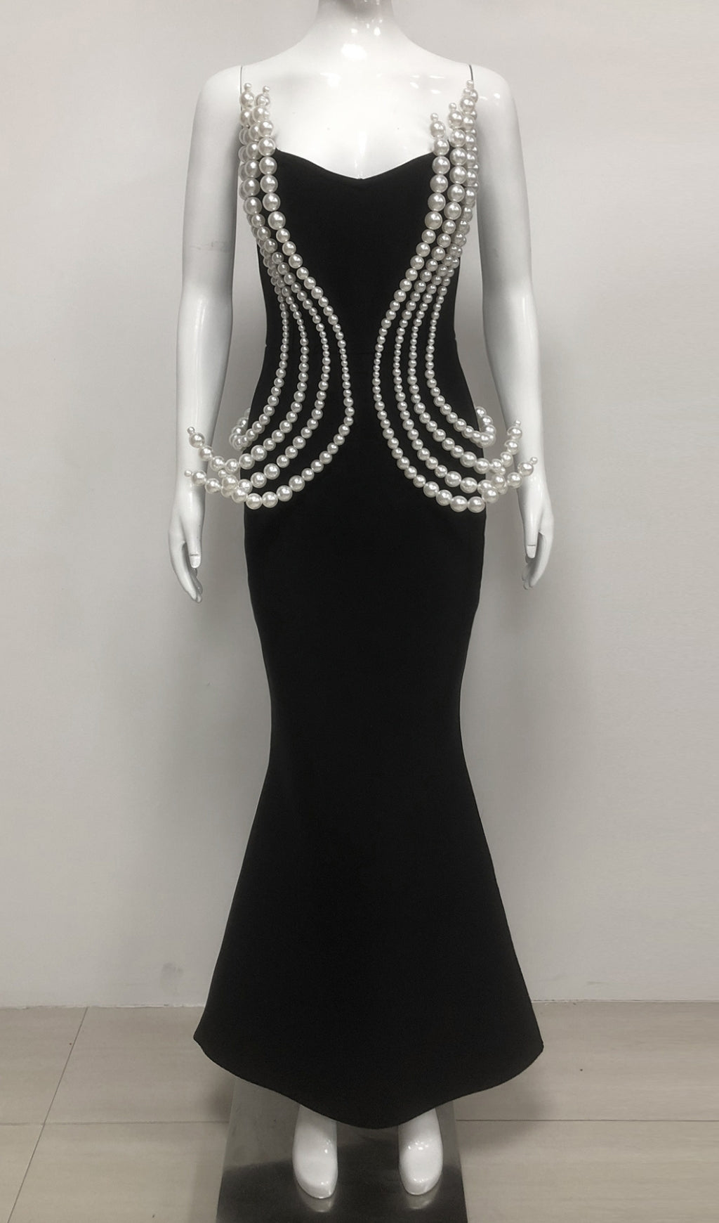 Debra Black Pearl Cascade Strapless Maxi Gown
