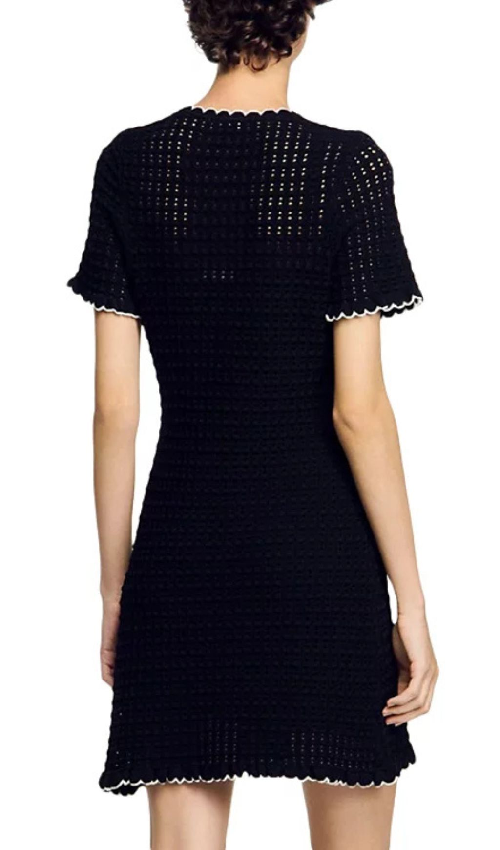 Chic Black Scalloped Openwork Knit Mini Dress with Button Detail