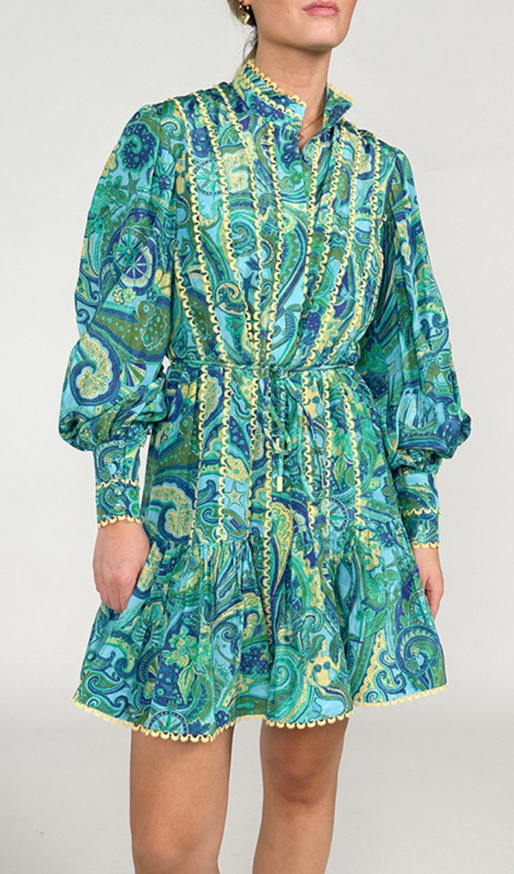 Vibrant Paisley Ruffle Long Sleeve Mini Dress