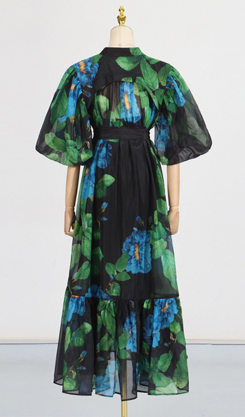 Vibrant Floral Button-Down Puff Sleeve Midi Dress